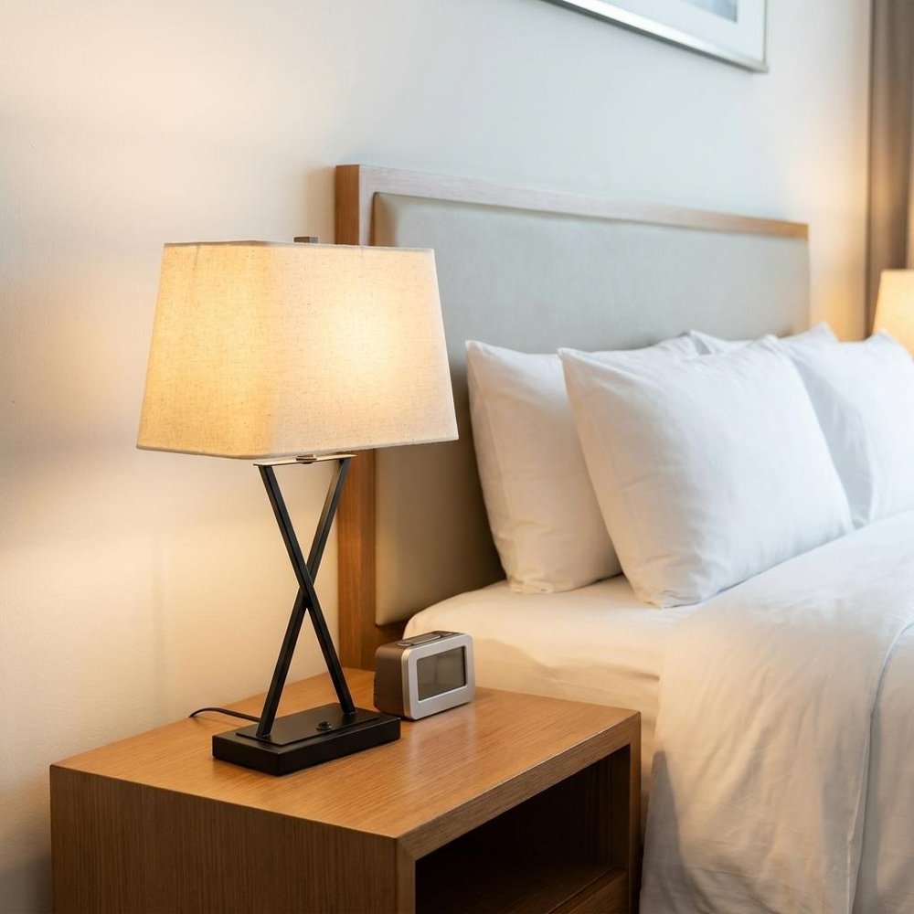 25" Black Metal Geometric USB Table Lamp With Beige Shade displayed on a dark wood tabletop in a furnished interior against an off-white wall.