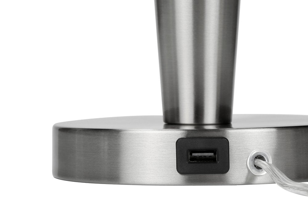 Set of Two 24" Silver Metal Candlestick USB Table Lamps With Gray Drum Shade on a white background