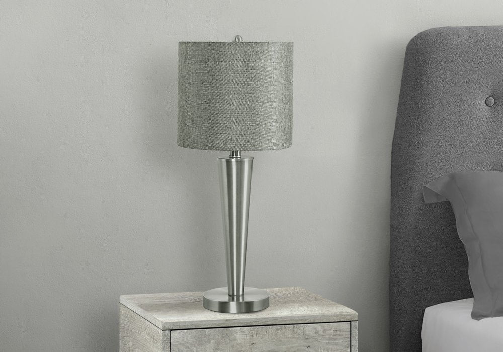 Set of Two 24" Silver Metal Candlestick USB Table Lamps With Gray Drum Shade close-up detail