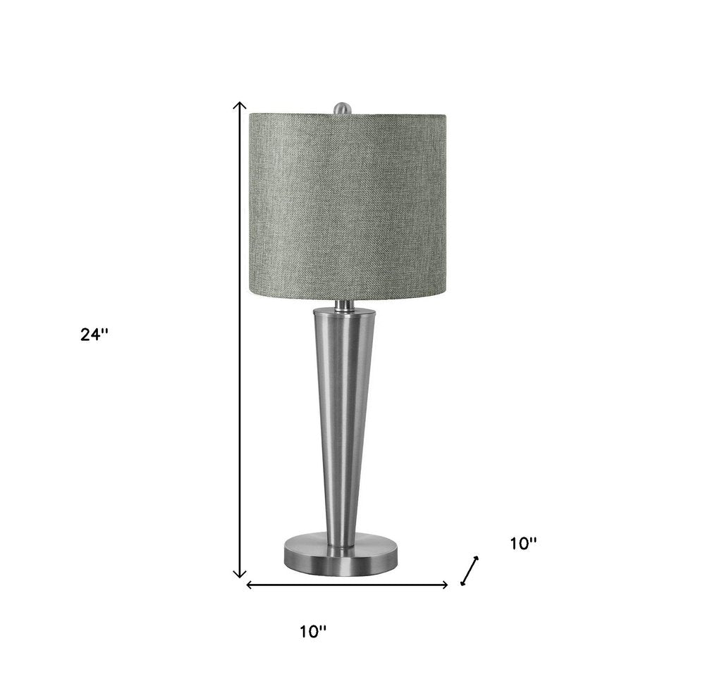 Set of Two 24" Silver Metal Candlestick USB Table Lamps With Gray Drum Shade on a white background