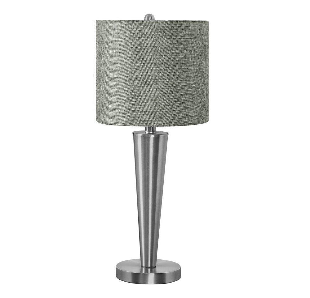 Set of Two 24" Silver Metal Candlestick USB Table Lamps With Gray Drum Shade on a white background