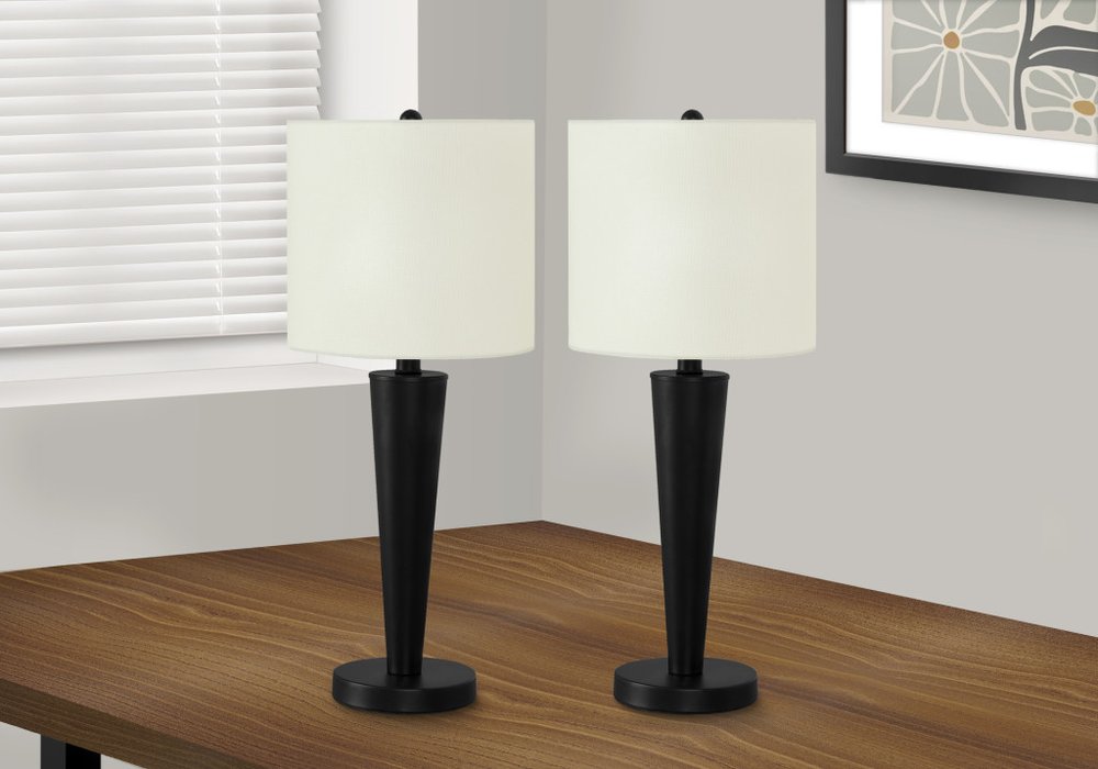 Set of Two 24" Black Metal Candlestick USB Table Lamps With Ivory Drum Shade in a home interior