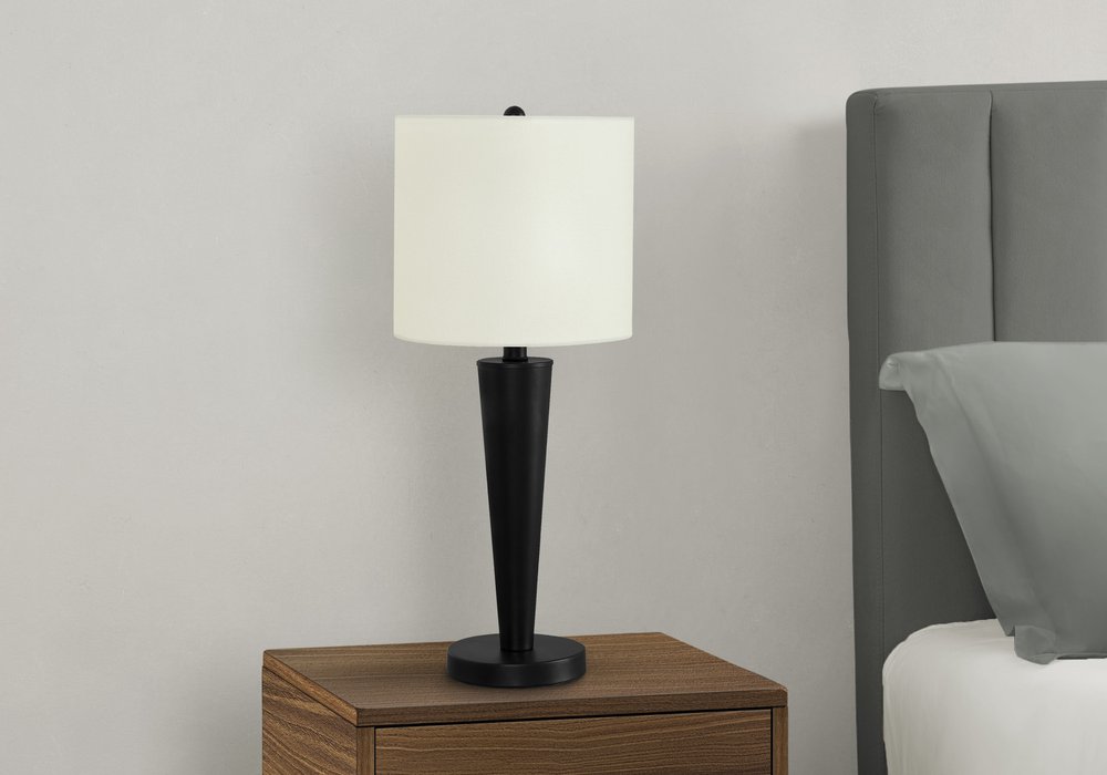Set of Two 24" Black Metal Candlestick USB Table Lamps With Ivory Drum Shade on a white background