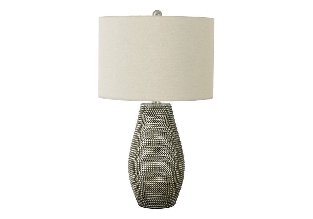 24" Gray Round Table Lamp With Ivory Drum Shade. Table lamp isolated on a plain white background, showing its ivory color.