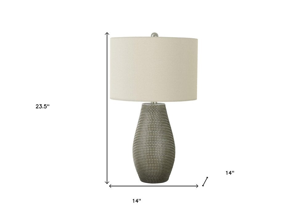 24" Gray Round Table Lamp With Ivory Drum Shade. Table lamp isolated on a plain white background, finished in ivory.