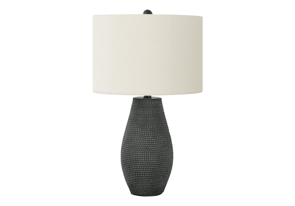 24" Black Round Table Lamp With Ivory Drum Shade. Table lamp isolated on a plain white background, in a ivory finish.