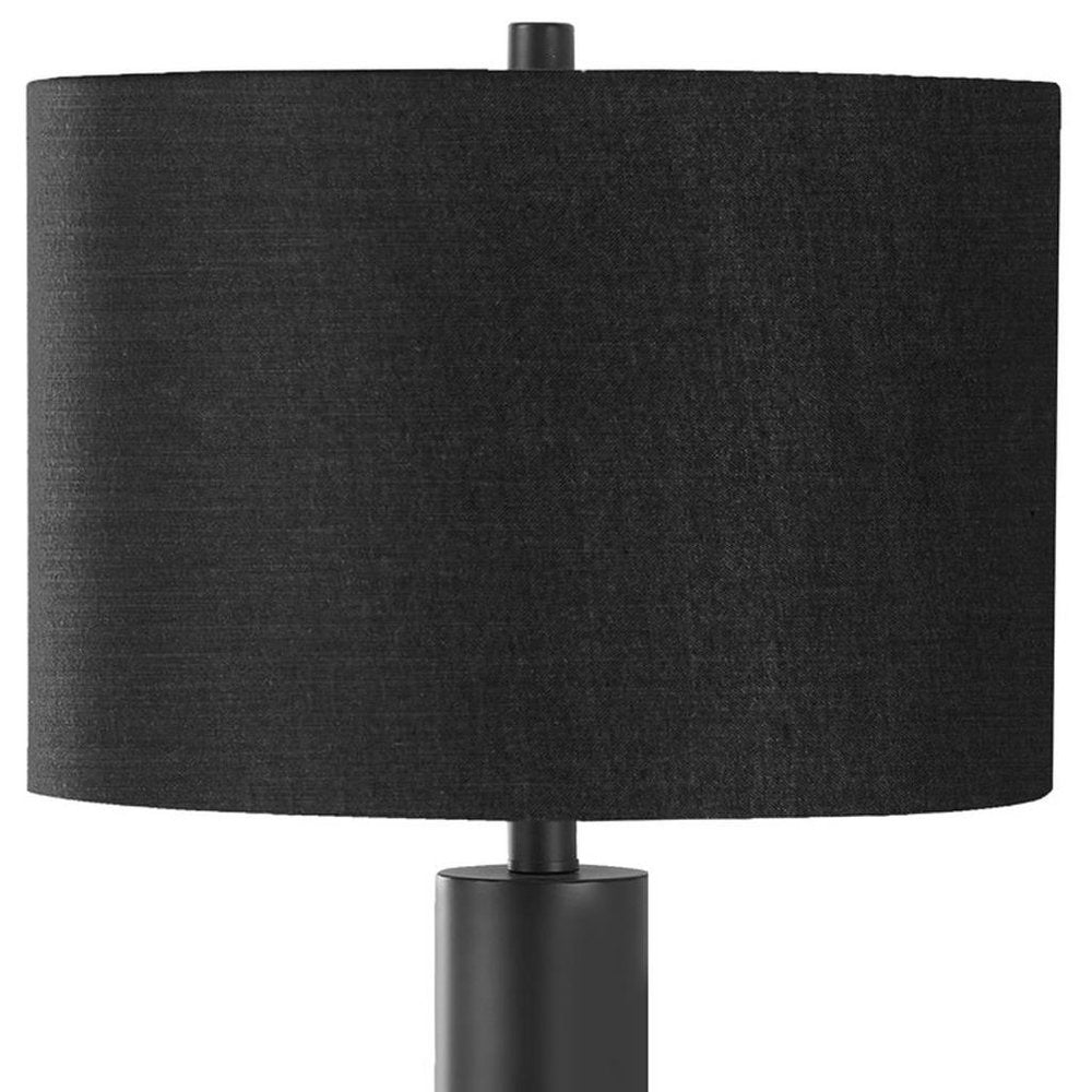 28" Black Metal and Acrylic Cylinder Table Lamp With Black Drum Shade. Table lamp isolated on a plain white background, in a black metal finish.