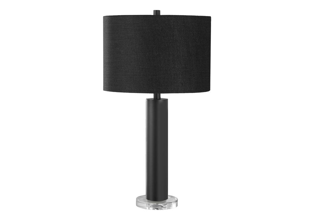 28" Black Metal and Acrylic Cylinder Table Lamp With Black Drum Shade. Table lamp isolated on a plain white background, showing a black metal surface.