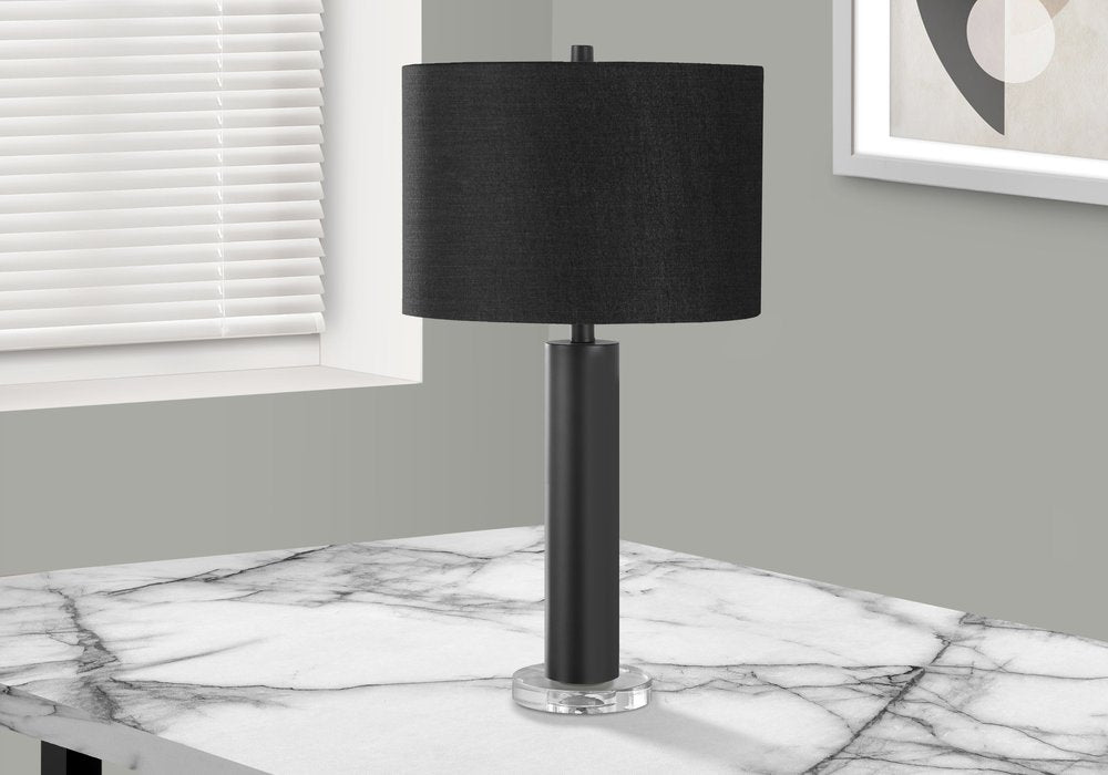 28" Black Metal and Acrylic Cylinder Table Lamp With Black Drum Shade. Table lamp in black metal.