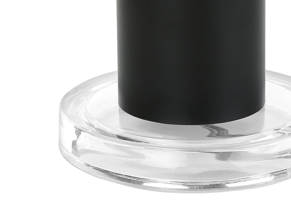 28" Black Metal and Acrylic Cylinder Table Lamp With Black Drum Shade. Table lamp isolated on a plain white background, in a black metal finish.