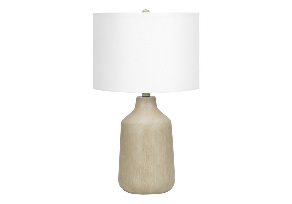24" Beige Concrete Urn Table Lamp With Ivory Drum Shade. Table lamp isolated on a plain white background, showing its ivory color.