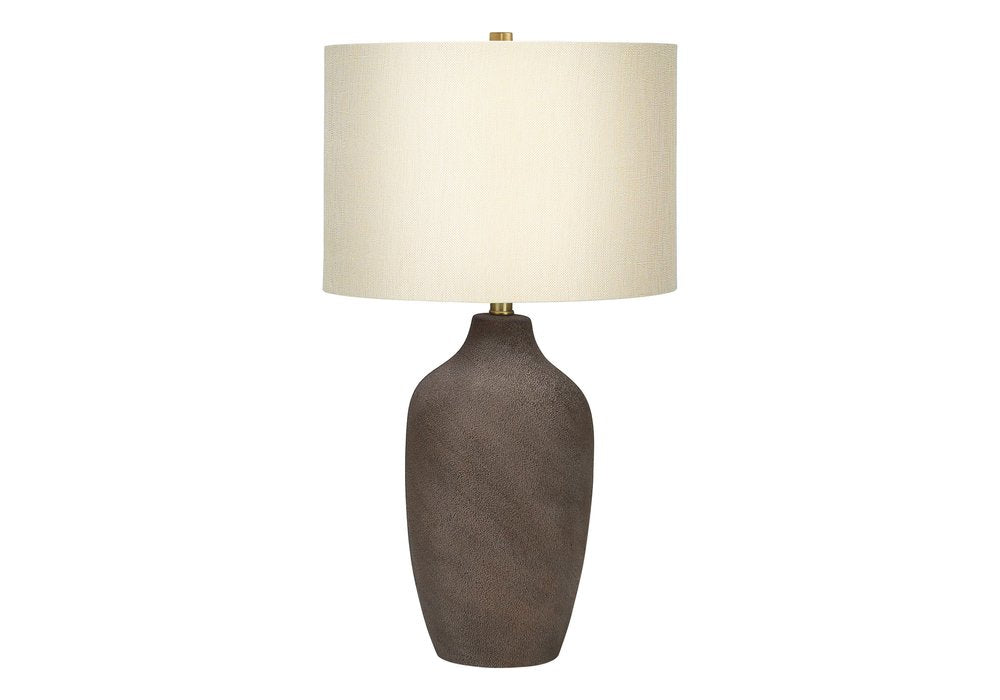 27" Gray Ceramic Urn Table Lamp With Beige Drum Shade. Table lamp isolated on a plain white background, finished in beige ceramic.