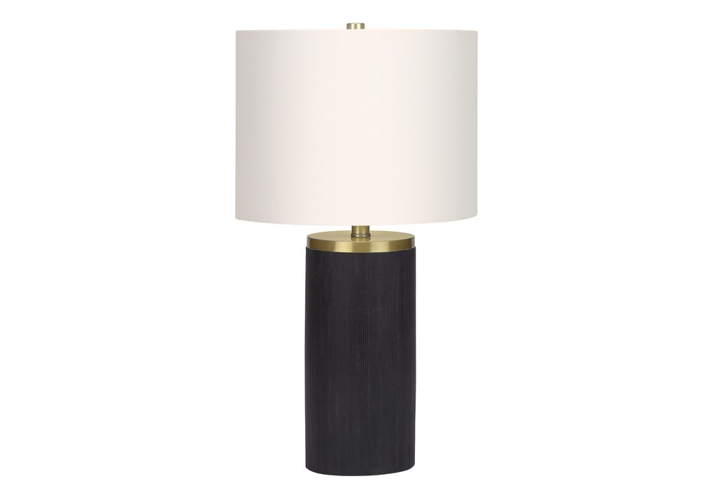 24" Black and Gold Concrete Cylinder Table Lamp With Ivory Drum Shade. Table lamp isolated on a plain white background, showing its ivory color.