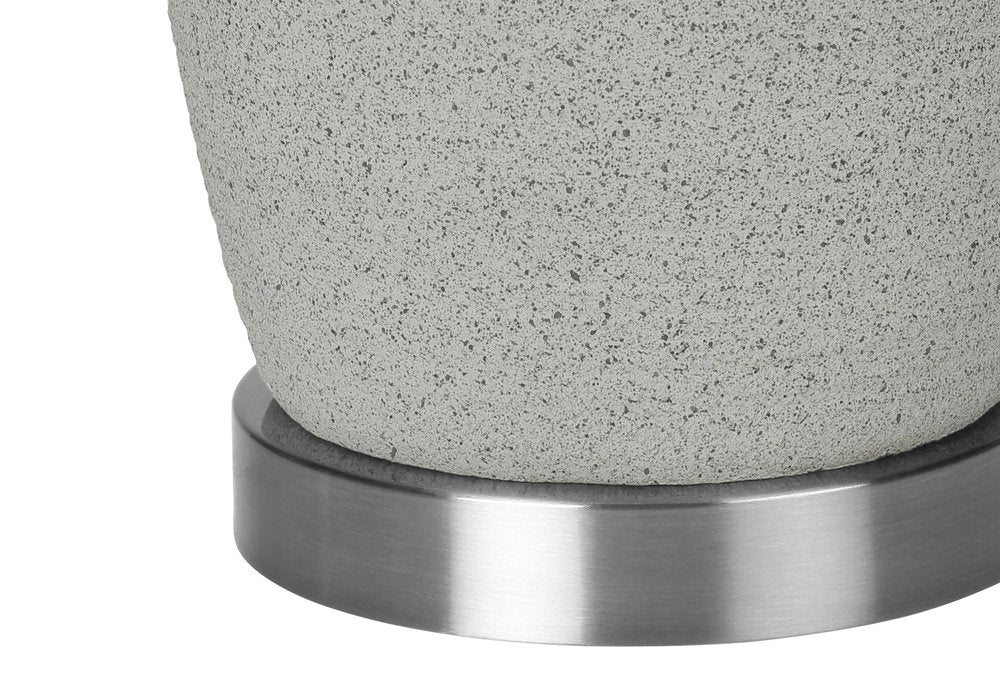 25" Gray and Silver Ceramic Cylinder Table Lamp With Gray Drum Shade. Table lamp isolated on a plain white background, in a silver ceramic finish.