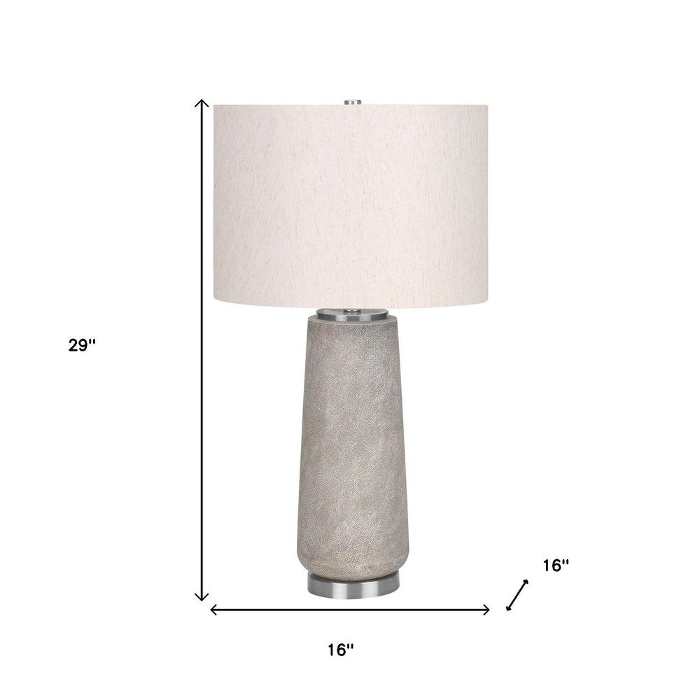 29" Gray and Silver Cylinder Table Lamp With Ivory Drum Shade. Table lamp isolated on a plain white background, finished in ivory.