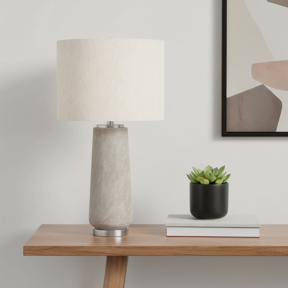 29" Gray and Silver Cylinder Table Lamp With Ivory Drum Shade. Table lamp in ivory.