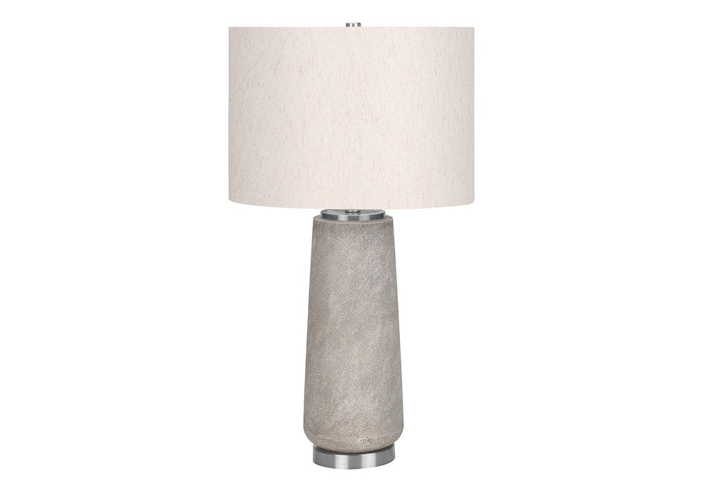 29" Gray and Silver Cylinder Table Lamp With Ivory Drum Shade. Table lamp isolated on a plain white background, in a ivory finish.