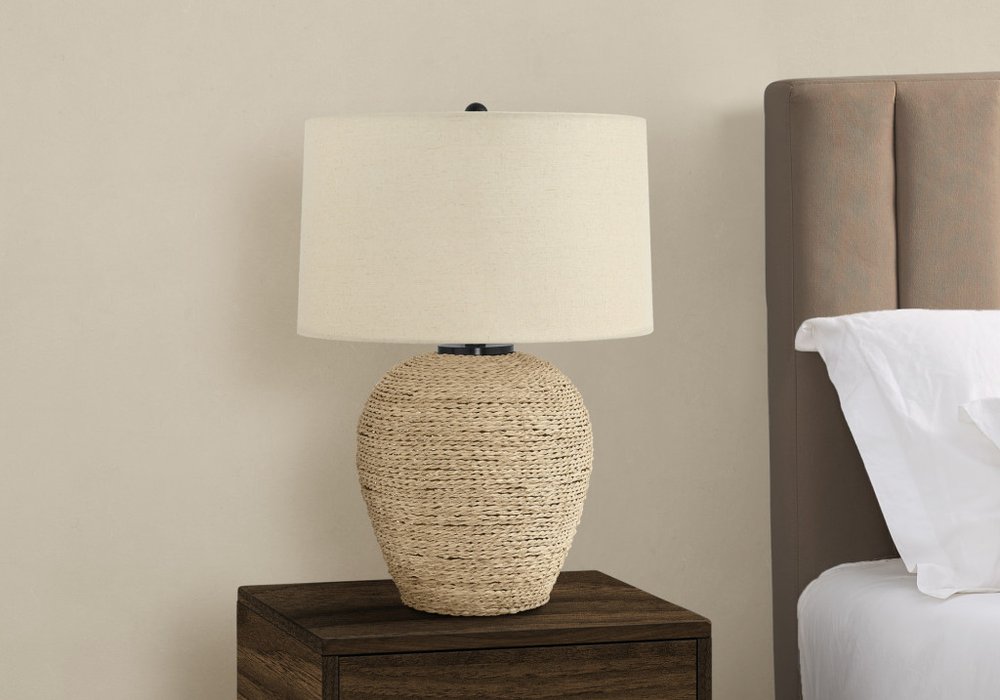 Close-up of 25" Beige Rattan Round Table Lamp With Beige Drum Shade showing the beige rattan texture.
