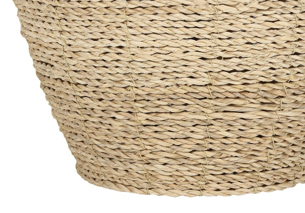 25" Beige Rattan Round Table Lamp With Beige Drum Shade. Table lamp isolated on a plain white background, in a beige rattan finish.