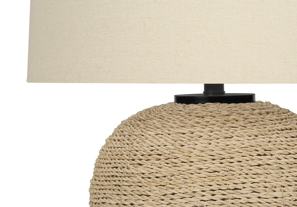 25" Beige Rattan Round Table Lamp With Beige Drum Shade. Table lamp in beige rattan.