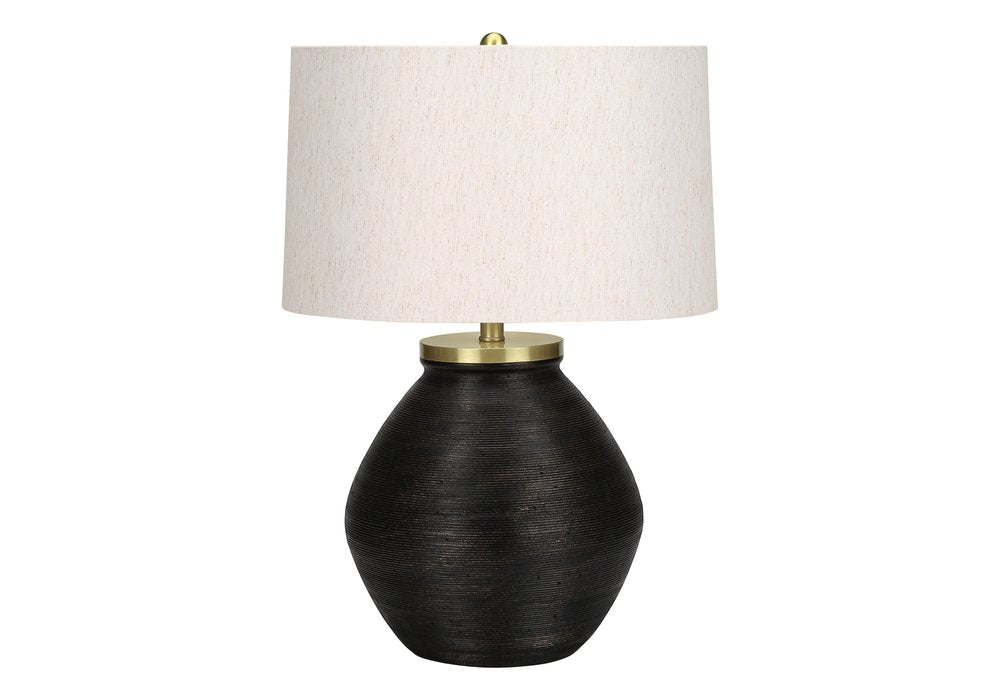 25" Black and Gold Concrete Round Table Lamp With Ivory Drum Shade. Table lamp isolated on a plain white background, finished in ivory.