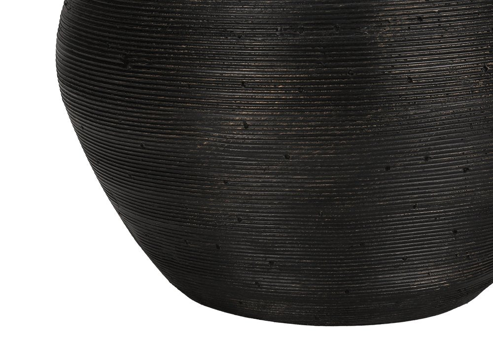 25" Black and Gold Concrete Round Table Lamp With Ivory Drum Shade. Table lamp isolated on a plain white background, showing its black color.