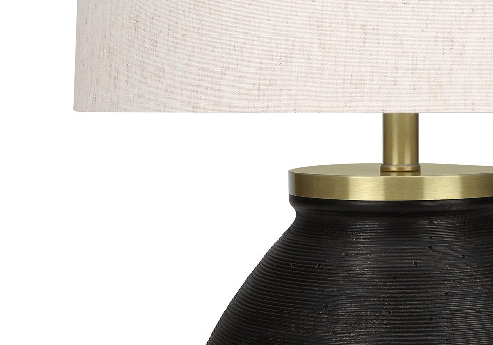 25" Black and Gold Concrete Round Table Lamp With Ivory Drum Shade. Table lamp in ivory.