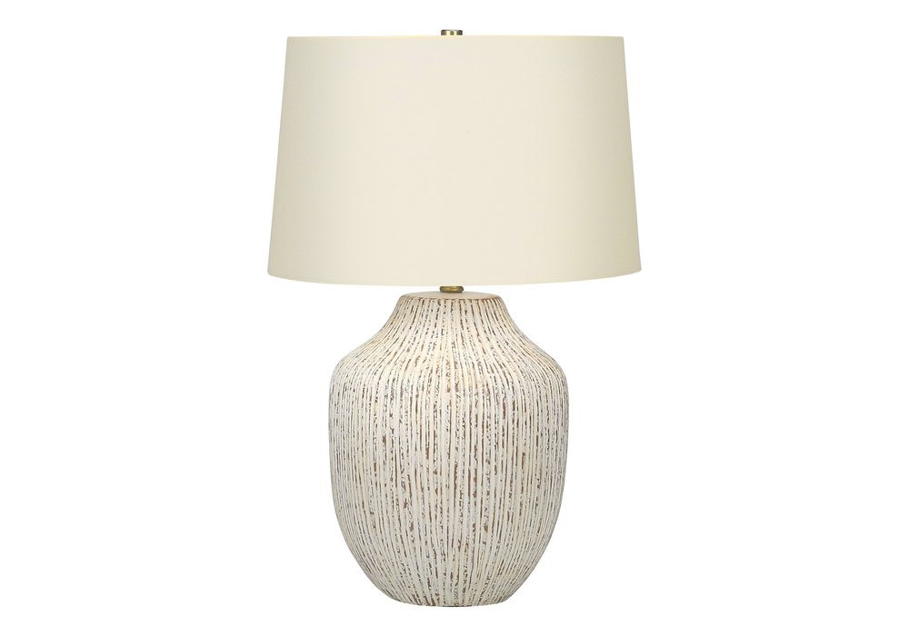 26" Cream Ceramic Round Table Lamp With Cream Empire Shade. Table lamp isolated on a plain white background, finished in cream ceramic.