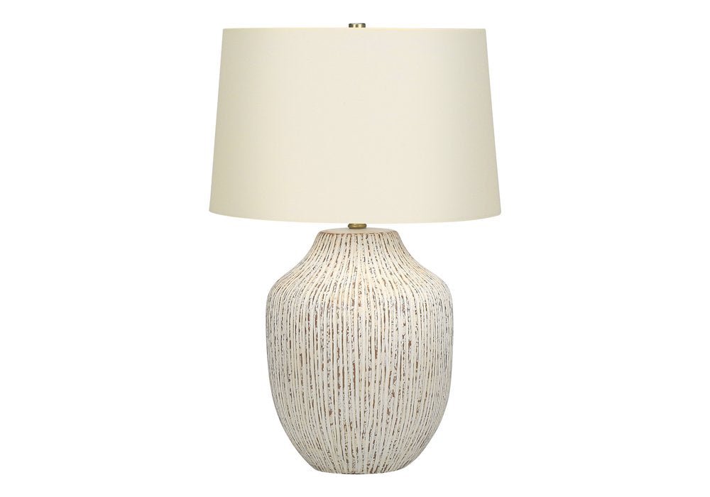 26" Cream Ceramic Round Table Lamp With Cream Empire Shade. Table lamp isolated on a plain white background, in a cream ceramic finish.