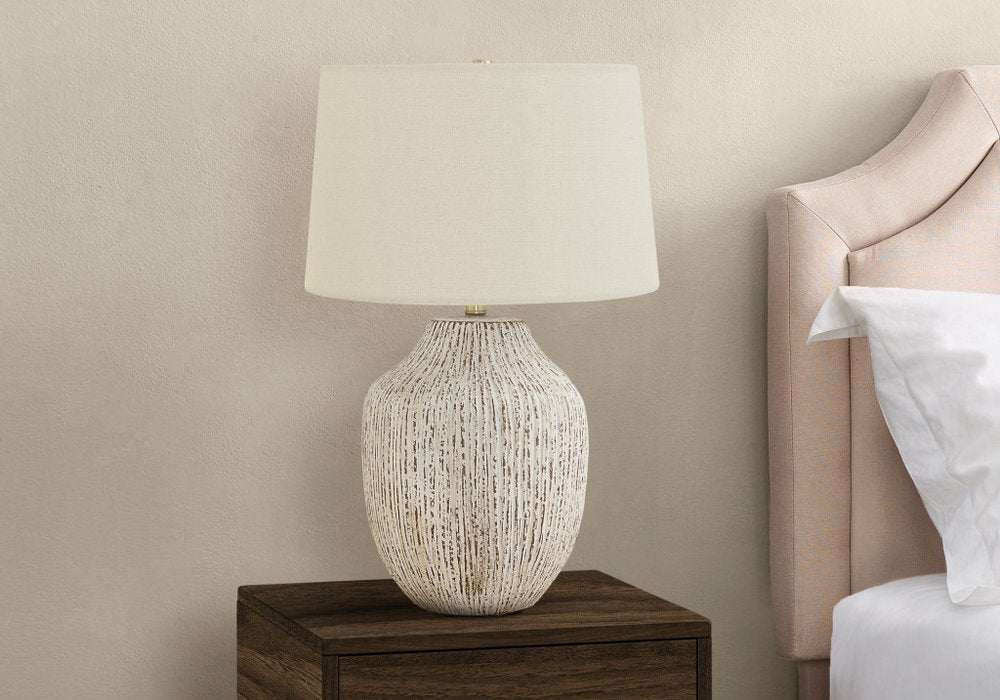 26" Cream Ceramic Round Table Lamp With Cream Empire Shade close-up highlighting the cream ceramic surface.