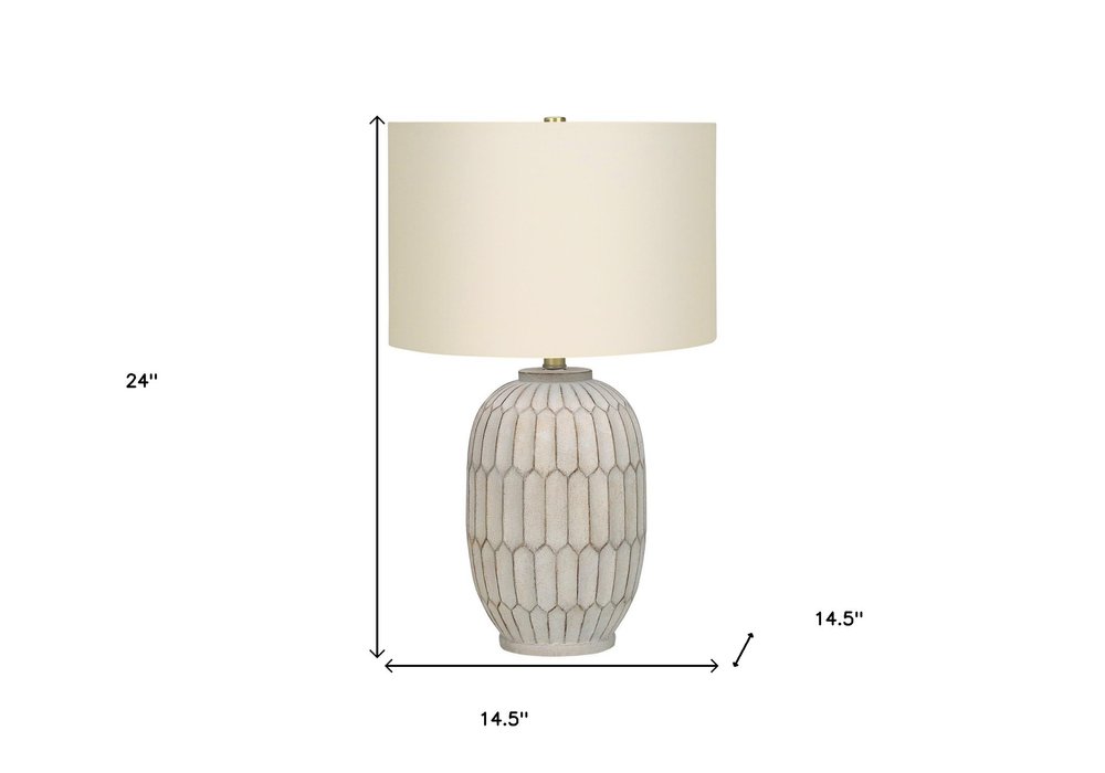24" Cream Geometric Table Lamp With Cream Drum Shade. Table lamp isolated on a plain white background, in a cream finish.
