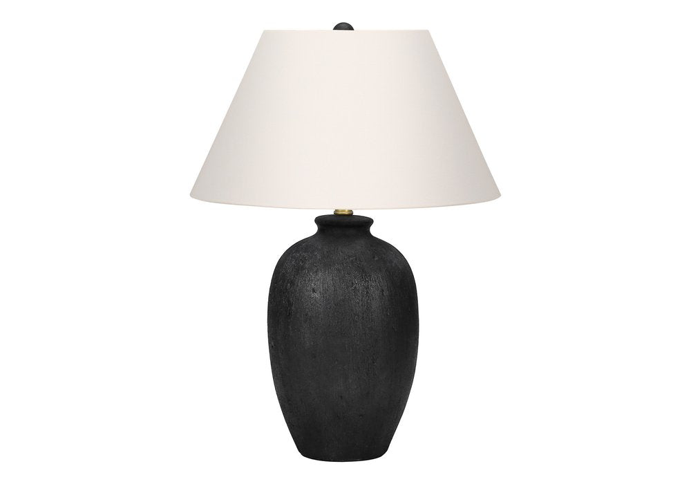 24" Black Ceramic Round Table Lamp With Ivory Empire Shade. Table lamp isolated on a plain white background, showing a ivory ceramic surface.