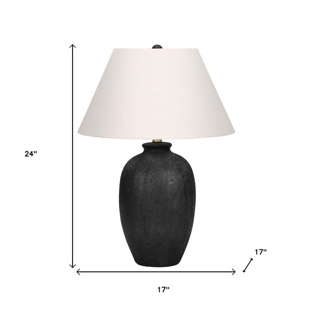 24" Black Ceramic Round Table Lamp With Ivory Empire Shade. Table lamp isolated on a plain white background, showing a ivory ceramic surface.
