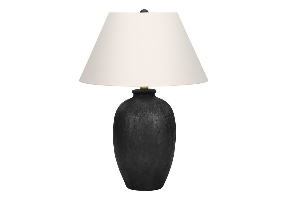 24" Black Ceramic Round Table Lamp With Ivory Empire Shade. Table lamp isolated on a plain white background, finished in ivory ceramic.