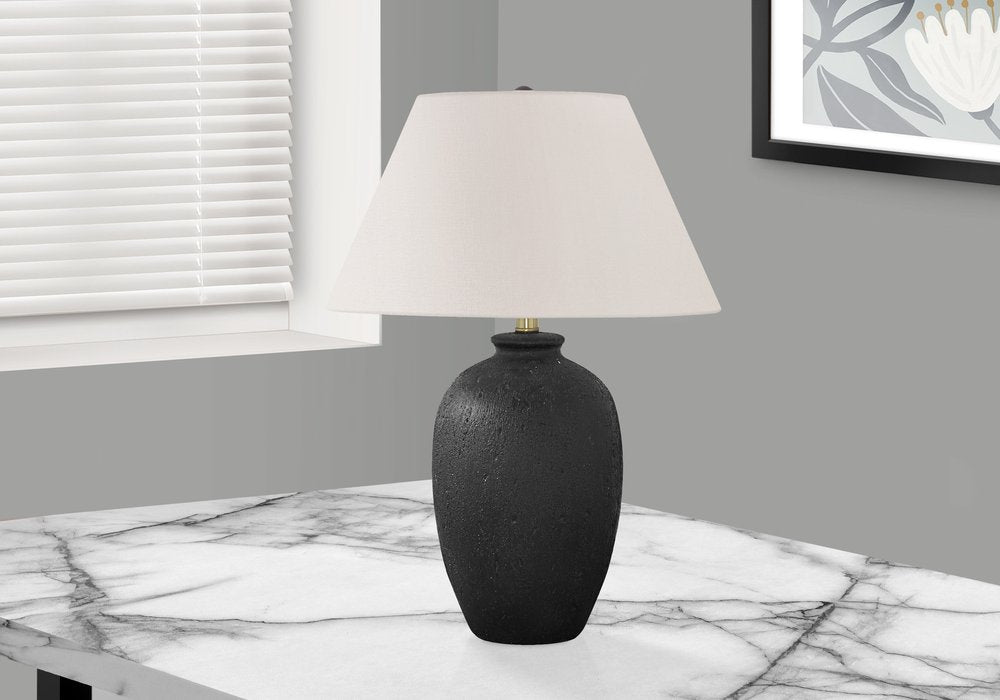 24" Black Ceramic Round Table Lamp With Ivory Empire Shade. Table lamp in ivory ceramic.
