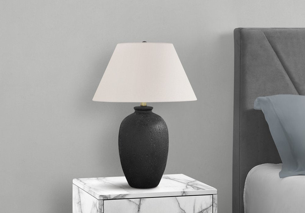 24" Black Ceramic Round Table Lamp With Ivory Empire Shade. Table lamp isolated on a plain white background, finished in ivory ceramic.