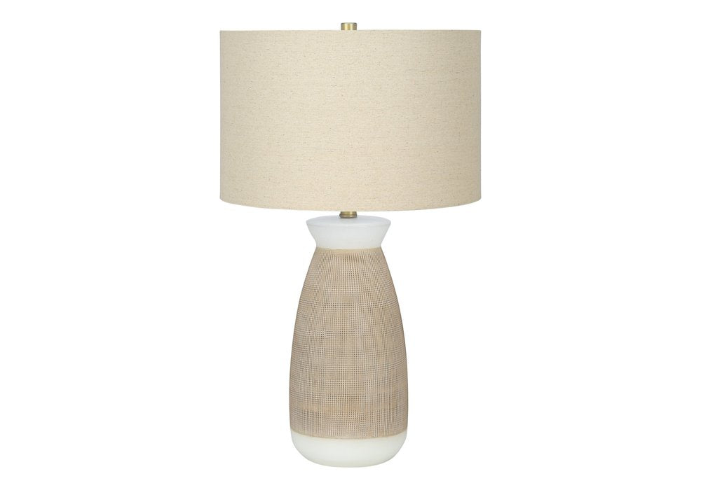 27" Brown and White Ceramic Round Table Lamp With Beige Drum Shade. Table lamp isolated on a plain white background, finished in beige ceramic.