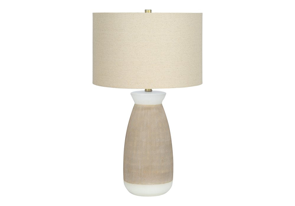 27" Brown and White Ceramic Round Table Lamp With Beige Drum Shade. Table lamp isolated on a plain white background, in a beige ceramic finish.