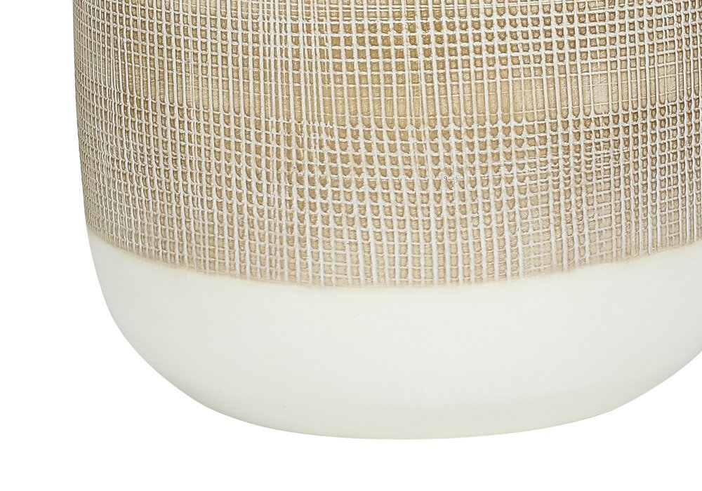 27" Brown and White Ceramic Round Table Lamp With Beige Drum Shade. Table lamp isolated on a plain white background, in a beige ceramic finish.