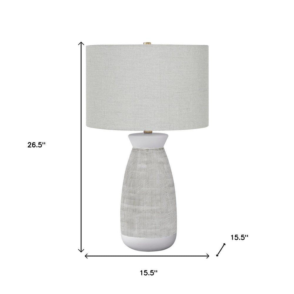 27" Gray and White Ceramic Round Table Lamp With Gray Drum Shade. Table lamp isolated on a plain white background, in a white ceramic finish.