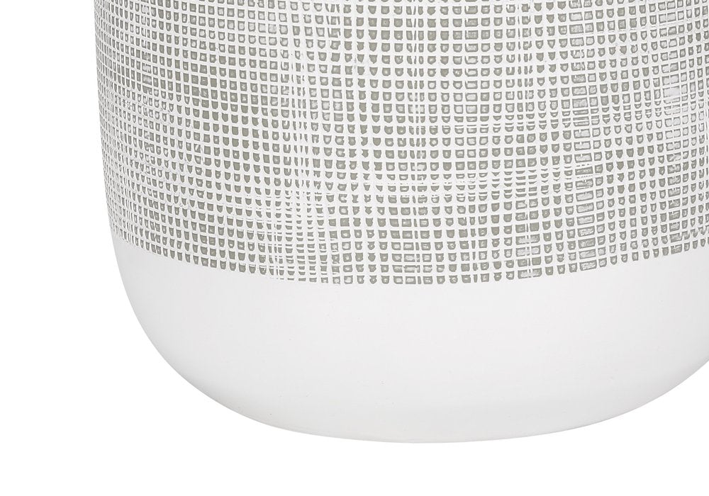 27" Gray and White Ceramic Round Table Lamp With Gray Drum Shade. Table lamp isolated on a plain white background, showing a white ceramic surface.