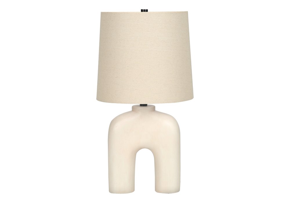 25" Cream Geometric Table Lamp With Beige Empire Shade. Table lamp isolated on a plain white background, showing its cream color.