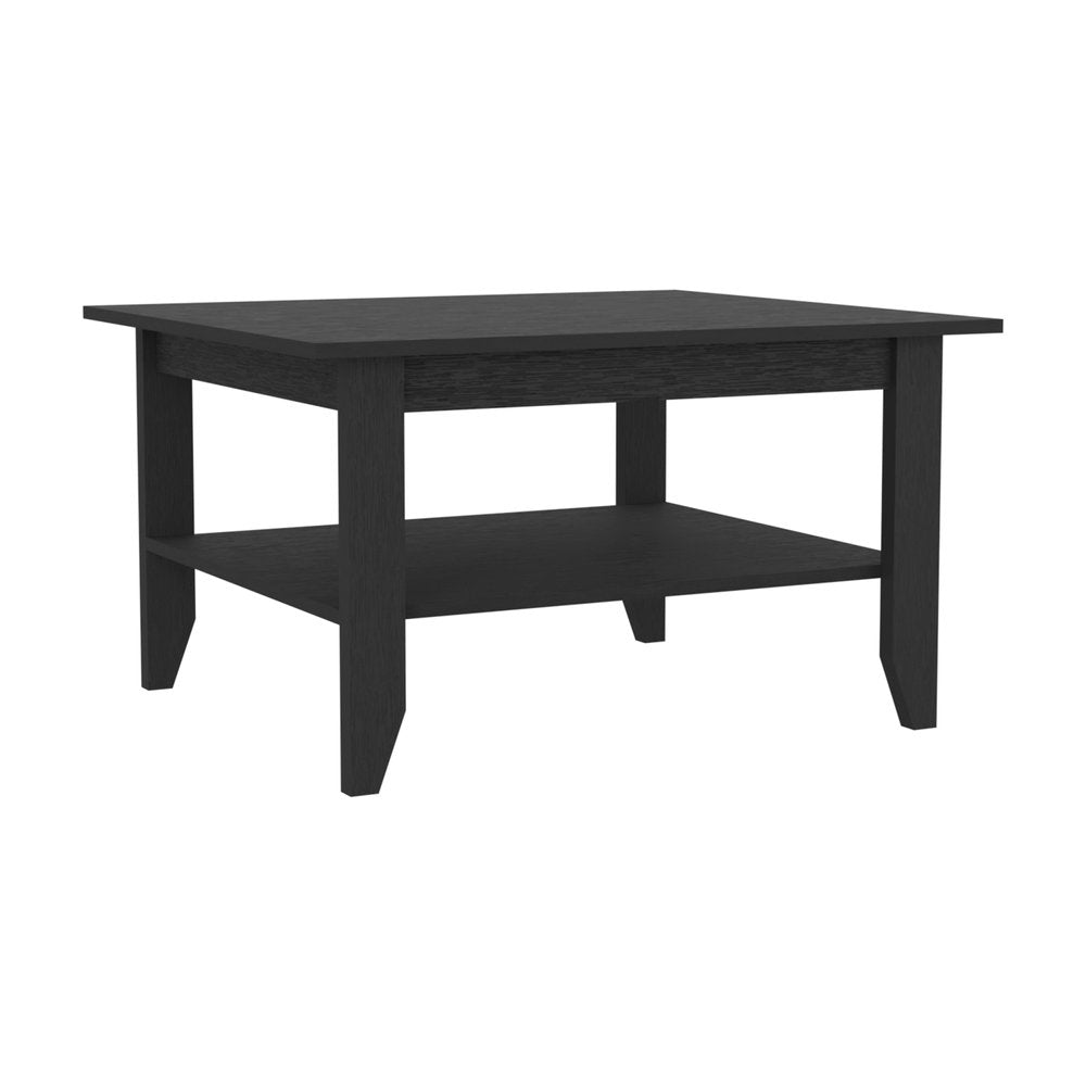 Black wood coffee table with two shelves against a white background