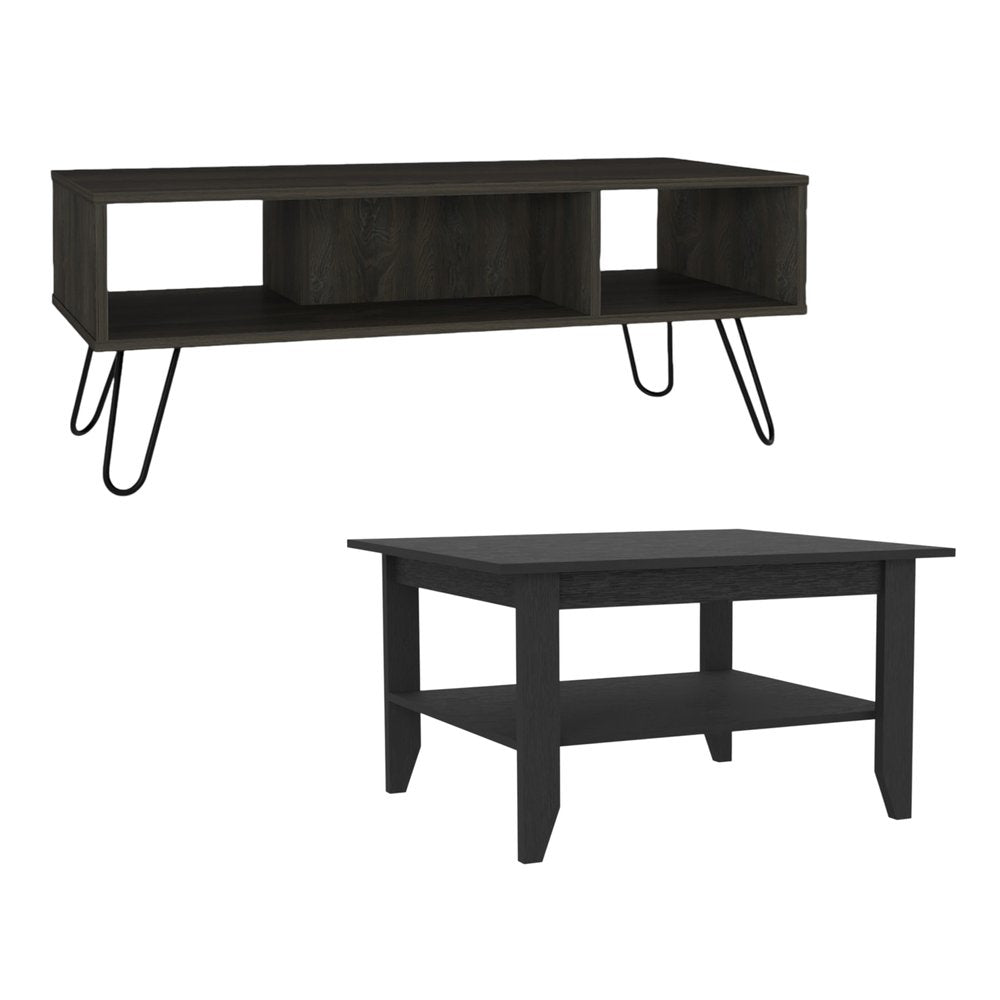Set Of Two Black and Espresso Wood Coffee Table With Two Shelves