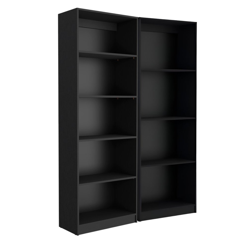 Set of Two Black Wood Multi Tier Bookcases on a white background
