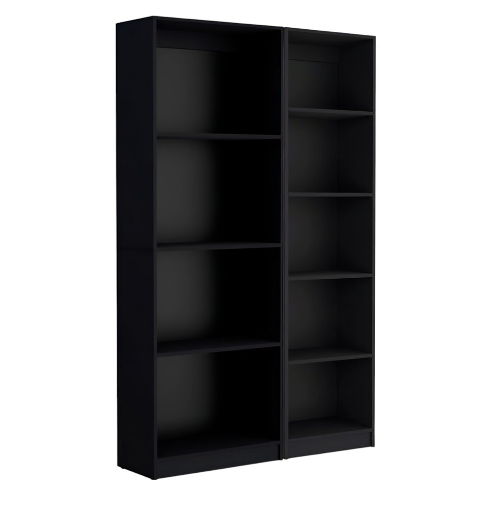 Set of Two Black Wood Multi Tier Bookcases on a white background