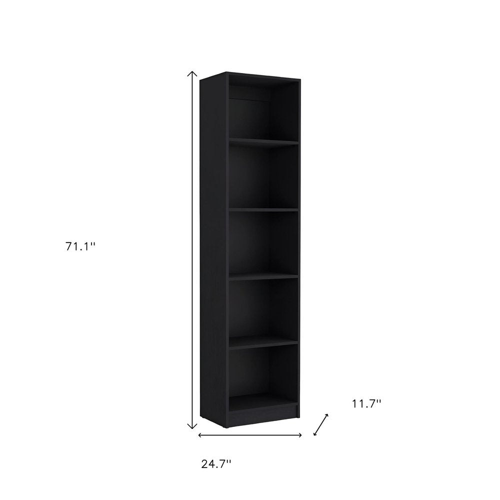 Set of Two Black Wood Multi Tier Bookcases on a white background