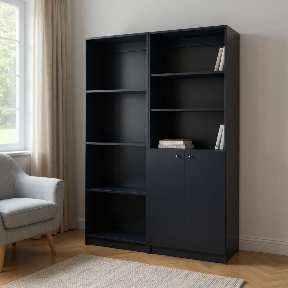 Set of Two 71" Black Bookcase With Two Doors in a home interior