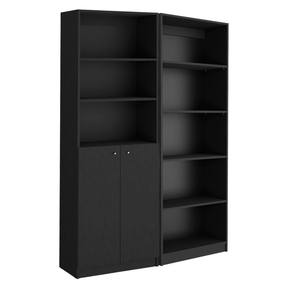 Set of Two 71" Black Five Tier Bookcase With Two Doors on a white background