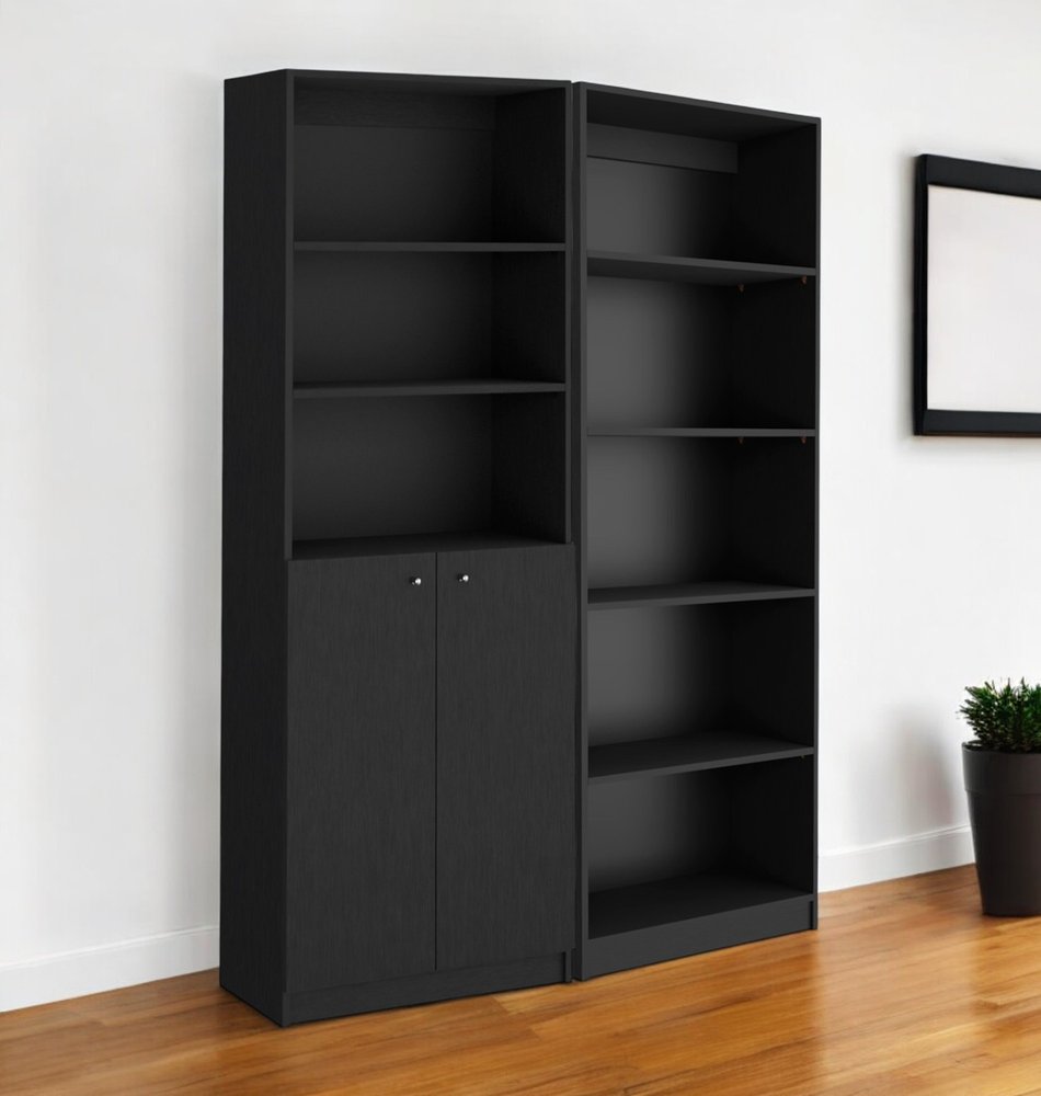 Set of Two 71" Black Five Tier Bookcase With Two Doors close-up detail